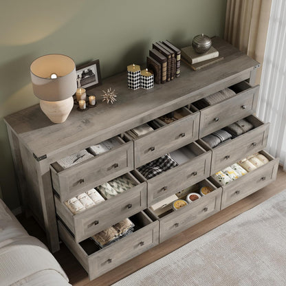 BORNOON 9-Drawer Dresser, Modern Wooden Storage Chest of Drawers, Dresser TV Stand, Wood Drawer Organizer with Metal Handles for Bedroom, Living Room, Hallway