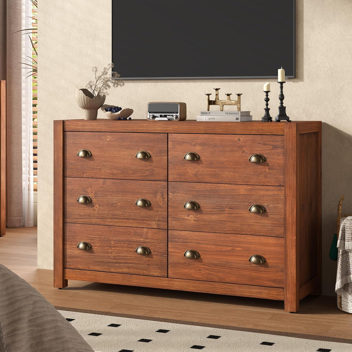 Vintage 6 Drawer Dresser, Solid Wood Frame Construction, Wood Veneer Finish with Rustic Grain Texture, Chest of Drawers Storage Cabinet for Bedroom and Living Room, Dark Walnut