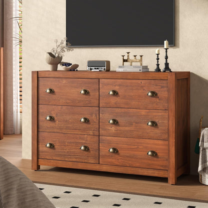 Vintage 6 Drawer Dresser, Solid Wood Frame Construction, Wood Veneer Finish with Rustic Grain Texture, Chest of Drawers Storage Cabinet for Bedroom and Living Room, Dark Walnut