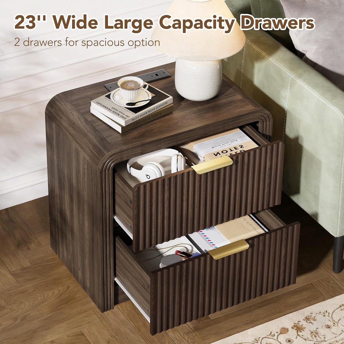 Decofy 23'' Wide Fluted Nightstand Set of 2 with Charging Station, Walnut