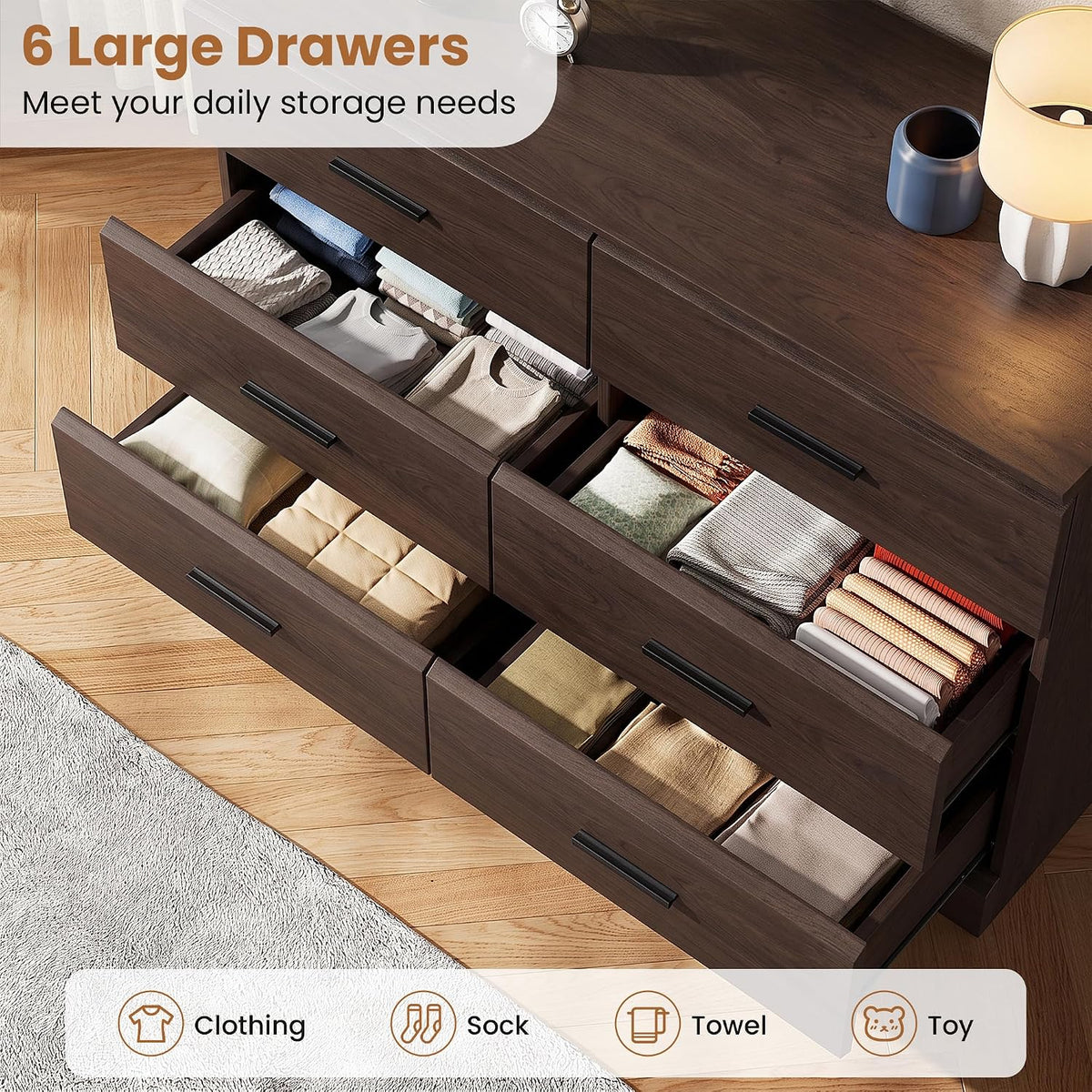 Jocoevol Brown 6 Drawer Dresser for Bedroom, Chest of Drawers with Silver Handle, Wood Storage Dresser with Deep Drawers for Bedroom, Living Room, Hallway Entryway (52.76 * 21.26 * 7.87 in)