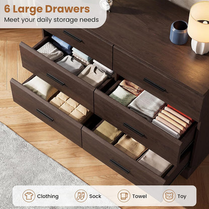 Jocoevol Brown 6 Drawer Dresser for Bedroom, Chest of Drawers with Silver Handle, Wood Storage Dresser with Deep Drawers for Bedroom, Living Room, Hallway Entryway (52.76 * 21.26 * 7.87 in)