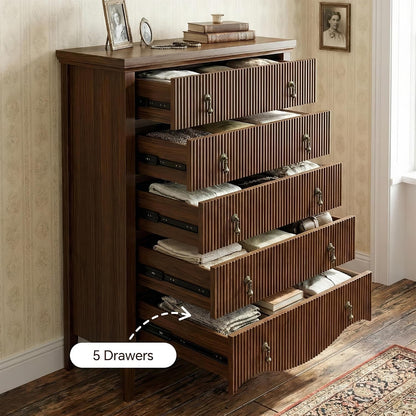 FUSUNBAO 5-Drawer 47" Tall Fluted Dresser, Vertical Chest of Drawers,Walnut