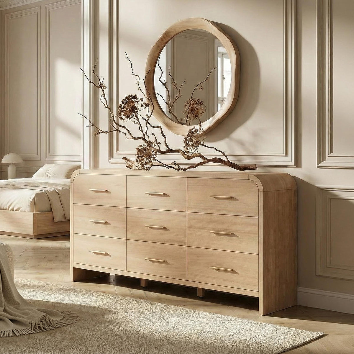 Curved 9-Drawer Dresser for Bedroom, 63" Wide Modern Chest of Drawers, Vanity Desk TV Stand for Living Room, Closet Storage Drawers Organizer Furniture, Nursery, Hallway, Dark Burl