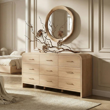 Curved 9-Drawer Dresser for Bedroom, 63" Wide Modern Chest of Drawers, Vanity Desk TV Stand for Living Room, Closet Storage Drawers Organizer Furniture, Nursery, Hallway, Dark Burl