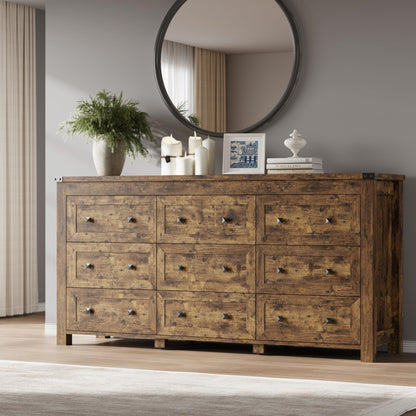 BORNOON 9-Drawer Dresser, Modern Wooden Storage Chest of Drawers, Dresser TV Stand, Wood Drawer Organizer with Metal Handles for Bedroom, Living Room, Hallway
