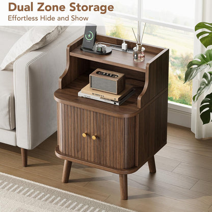 Decofy Mid Century Modern Nightstand Set of 2, Charging Station, Walnut