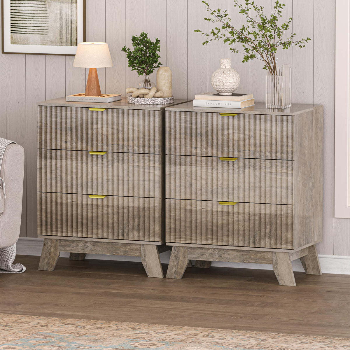 Black Nightstand Set of 2,24" Wide End Table with 3 Large Drawers & Metal Handles,Rustic Farmhouse Wood Small Dresser,Bedside Table,Modern Chest of Drawers for Bedroom,Living Room