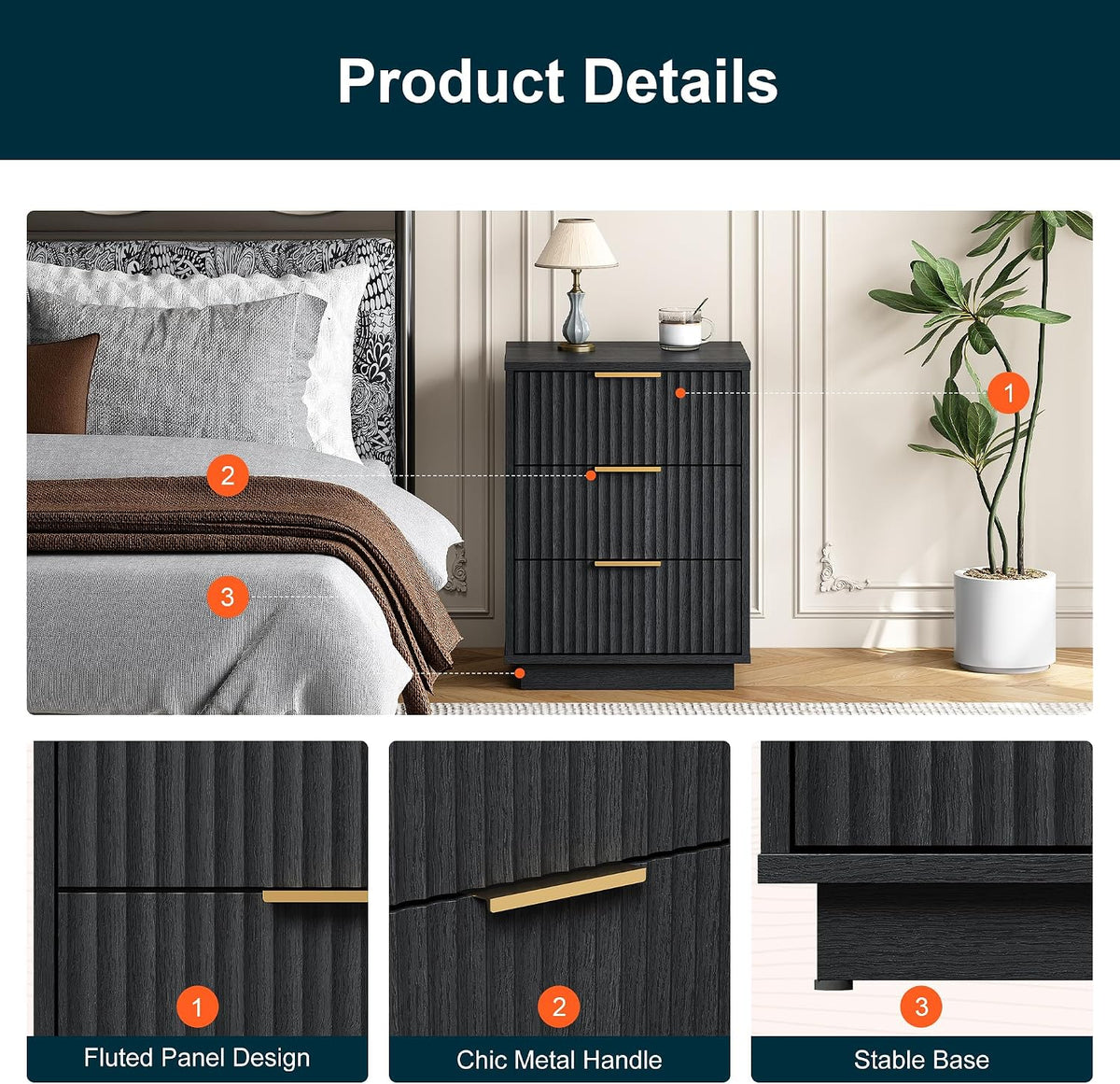 RoyalCraft Black Fluted Nightstand Set of 2, Modern Bedside Table with 3 Large Storage Drawers, Wood End Table with Metal Handle for Bedroom, Black