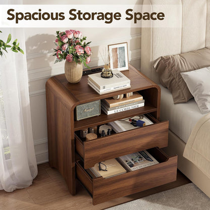 Decofy Nightstand Set of 2 with Charging Station & 2 Hidden Drawers, Walnut