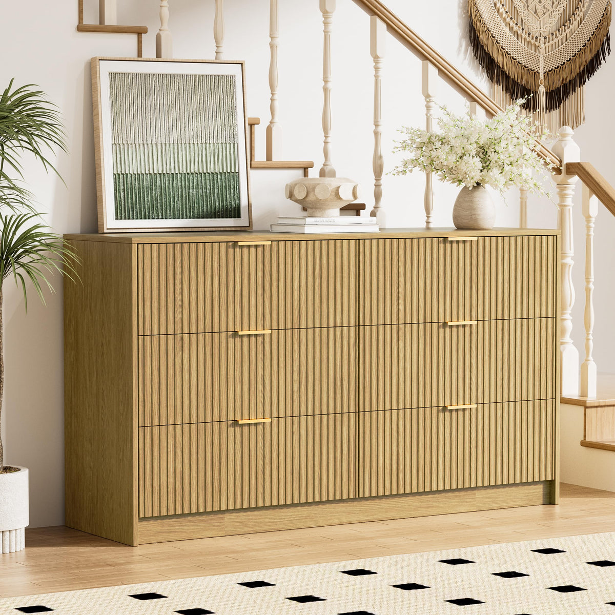 Furniway 55" Wide Green Dresser for Bedroom, Fluted 8 Drawer Dresser