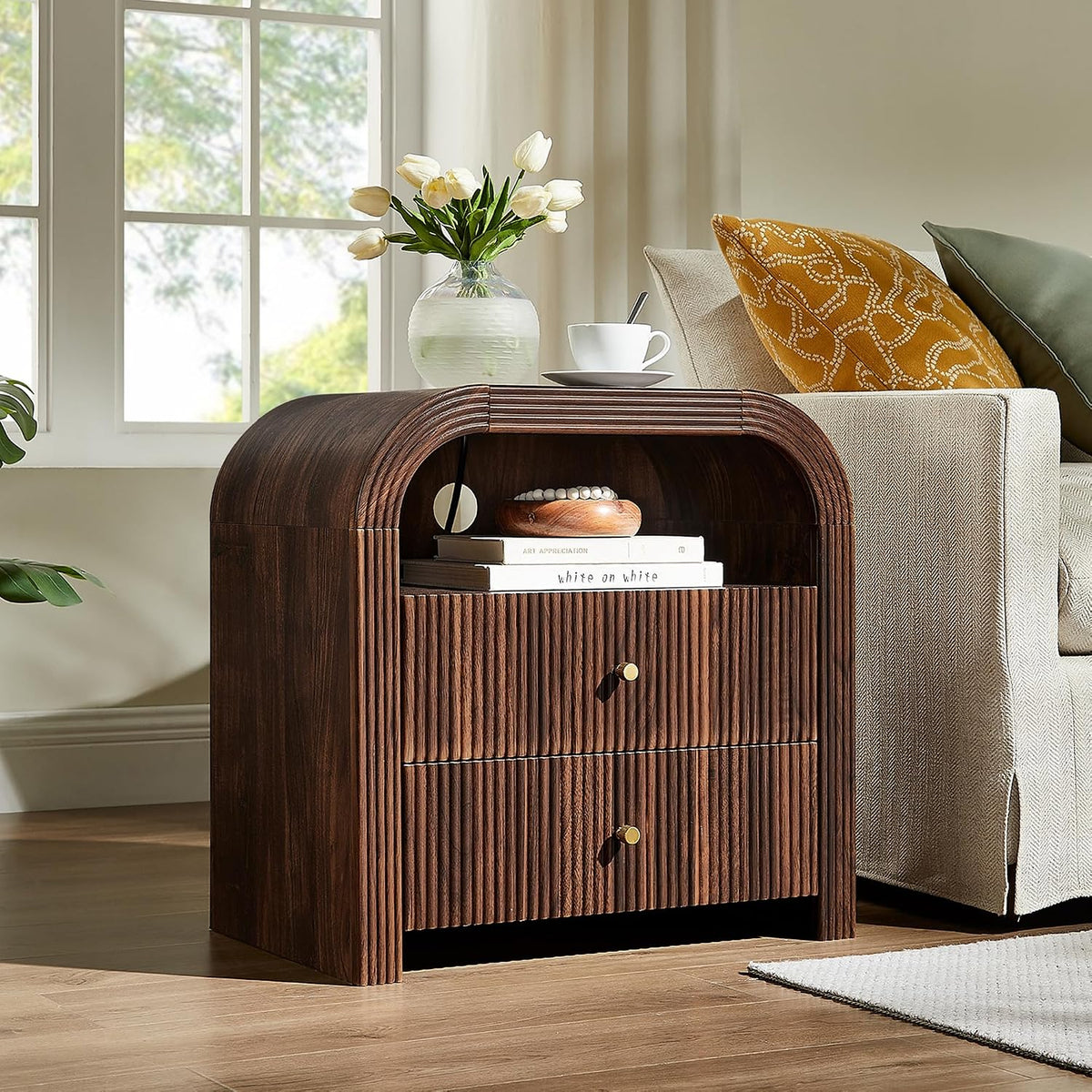 T4TREAM 24" Fluted Nightstand Set of 2 with Charging Station, Dark Walnut