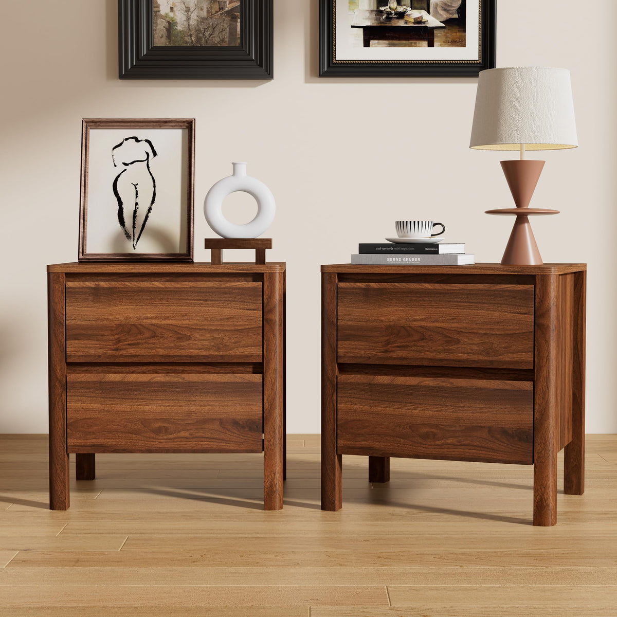 Furniway Set of 2 Modern Curved Nightstand with 2 Drawers, Push-to-Open Wooden Bedside Table, Minimalist End Table for Bedroom, Black