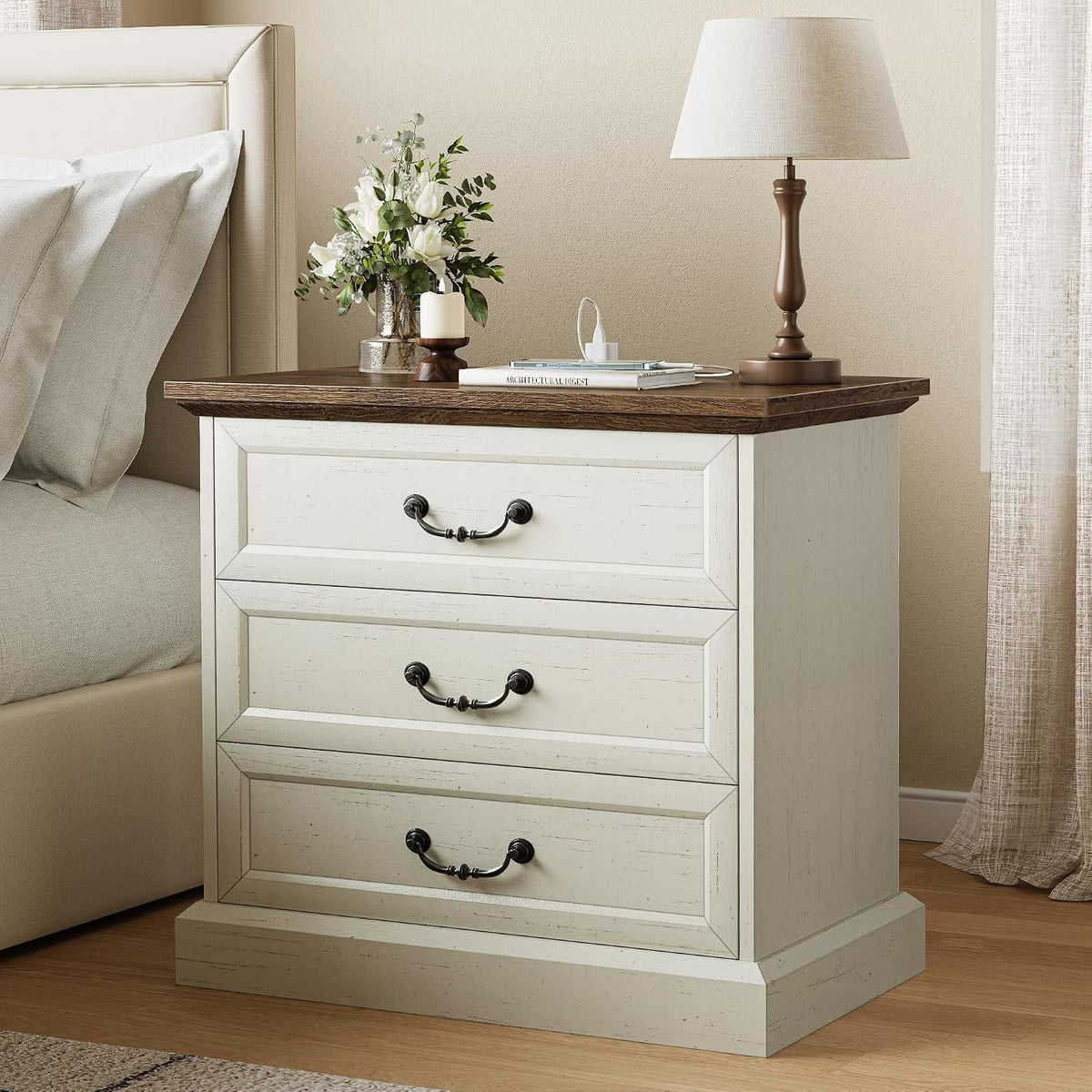 Huuger Nightstand with Charging Station, 3 Drawer Night Stand Set of 2
