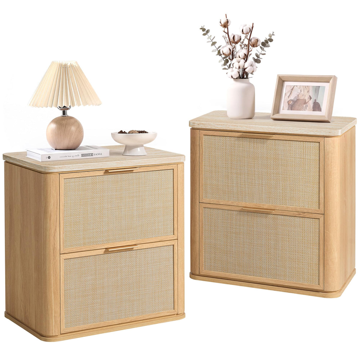 Night Stand Set 2, Rattan Nightstand with 2 Drawers
