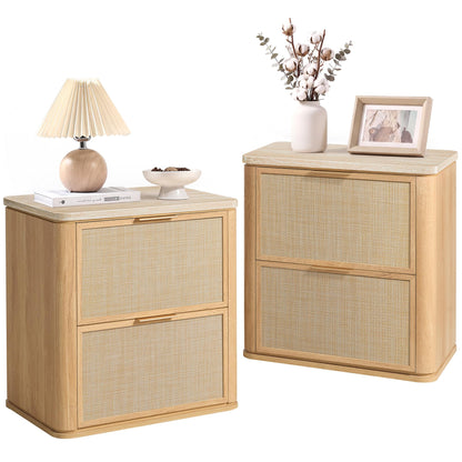 Night Stand Set 2, Rattan Nightstand with 2 Drawers