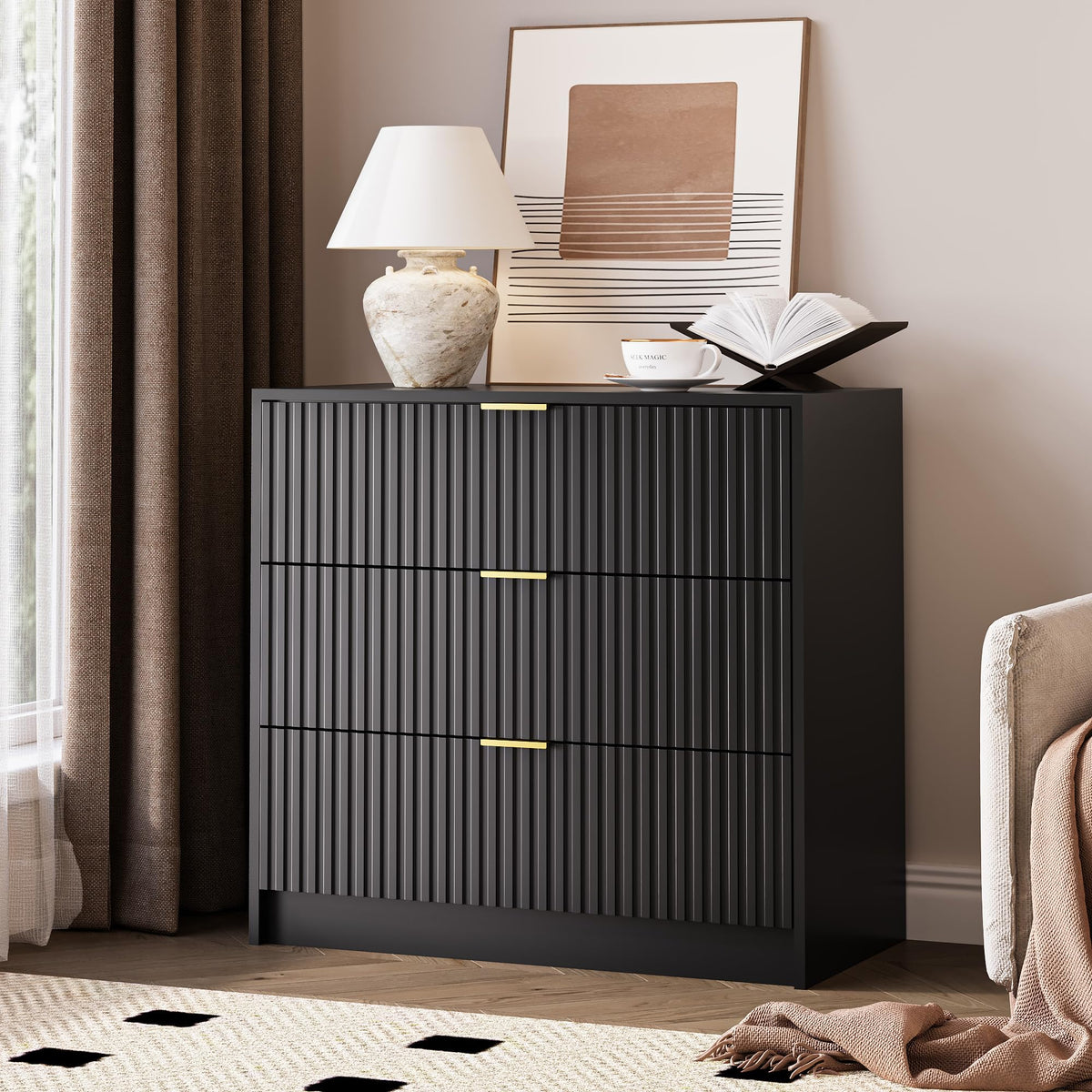MAISONARIA 55" Wide Fluted 6-Drawer Double Dresser for Bedroom, Black