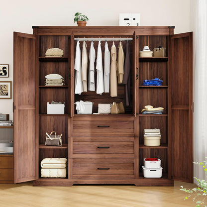 70" Tall Armoire Wardrobe Closet with 4 Doors & 3 Drawers, Farmhouse Bedroom Storage Cabinet with Hanging Rod, Freestanding Wooden Armoire Wardrobe Closet, Brown