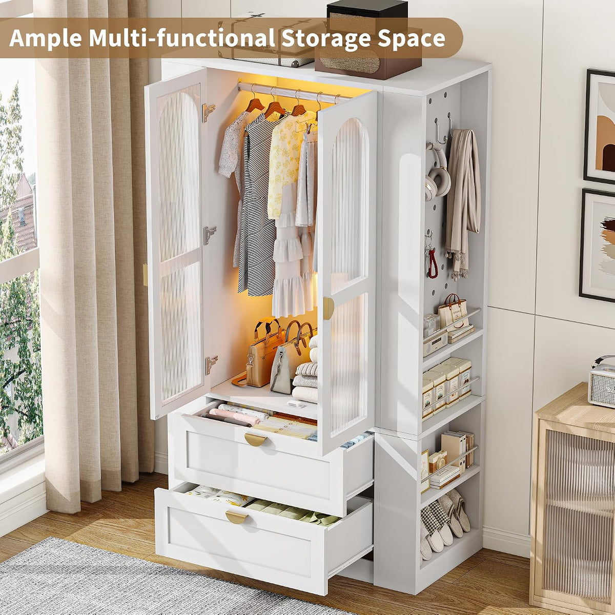 iPormis Armoire Wardrobe Closet with LED Lights & 2 Drawers, 71" Tall Clothing Storage Cabinet with Removable Hanging Rod, 4 Shelves & Pegboard Organizer, Large Capacity Bedroom Storage Cabinet, White