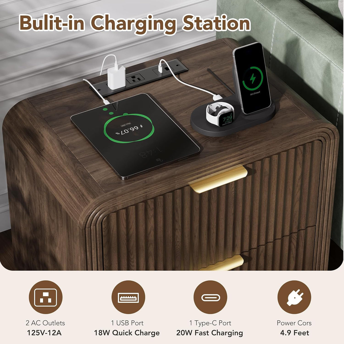 Decofy 23'' Wide Fluted Nightstand Set of 2 with Charging Station, Walnut