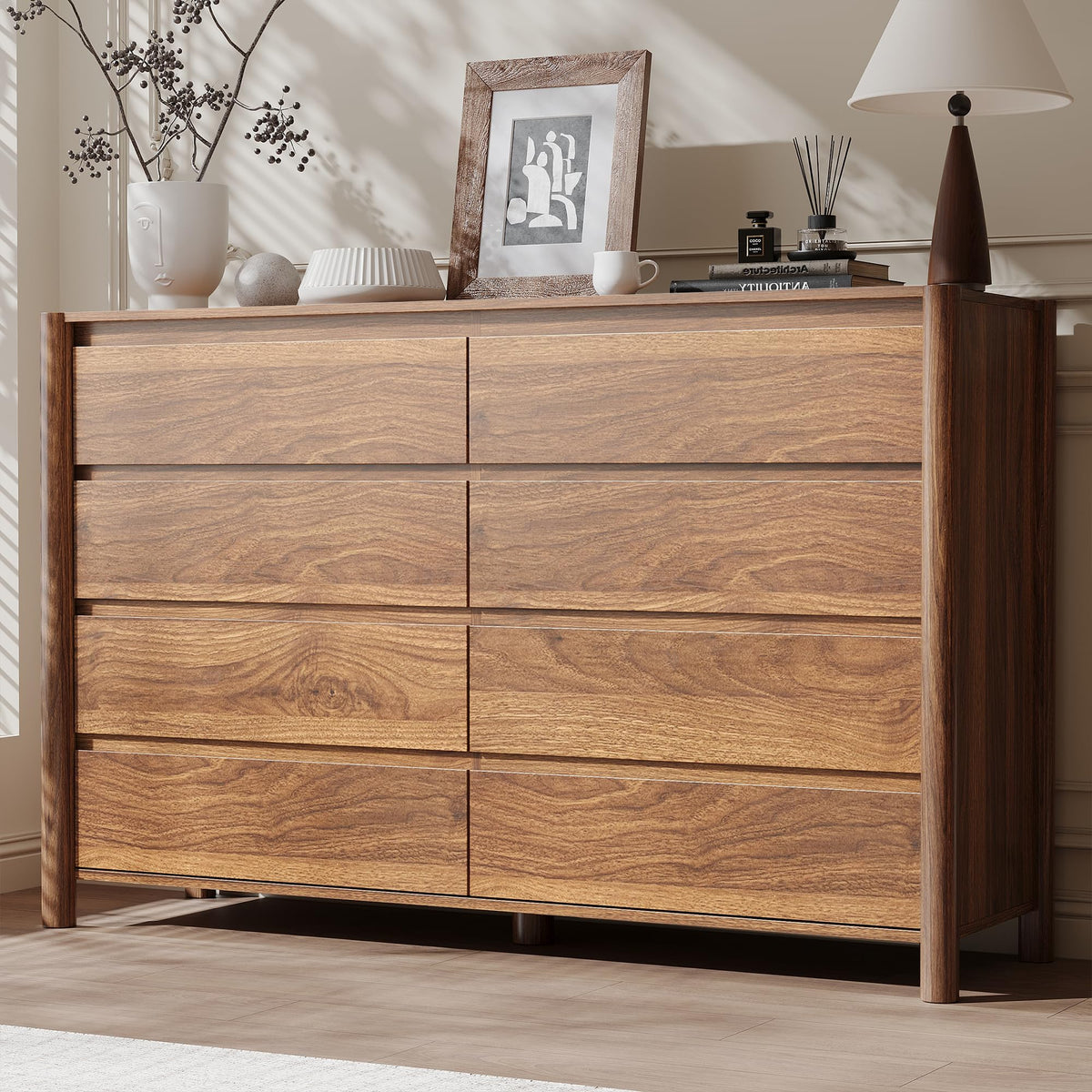 CHUWELL 63" Wide Walnut 9 Drawer Dresser for Bedroom with Solid Wood Legs