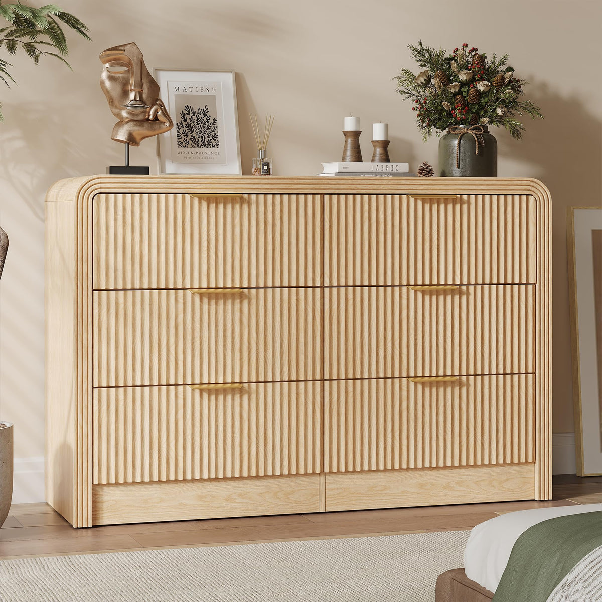 Decofy 47" W Fluted 6-Drawer Dresser for Bedroom, Walnut