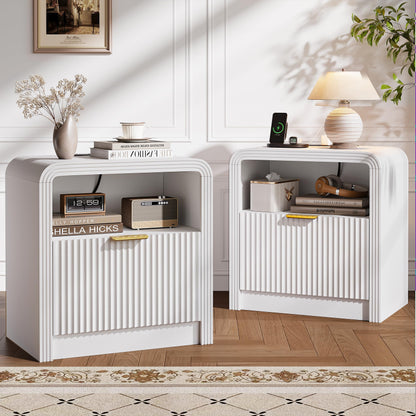 Decofy 23'' Wide Fluted Nightstand Set of 2 with Charging Station, Walnut