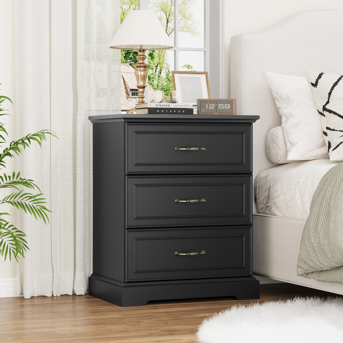 Black Nightstand Set of 2,24" Wide End Table with 3 Large Drawers & Metal Handles,Rustic Farmhouse Wood Small Dresser,Bedside Table,Modern Chest of Drawers for Bedroom,Living Room