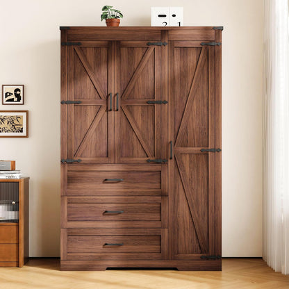 3 Door Armoire Wardrobe Closet Cabinet with 3 Drawers and Drawers, Farmhouse Bedroom Armoire with Hanging Rod and Adjustable Shelves, Large Capacity Storage Wardrobe Armoire for Bedroom, Brown