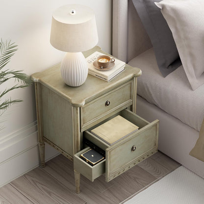 COZAYH Farmhouse 2 Drawer Nightstand with Hidden Drawer, Antique Green Finish, Solid Pine Wood with MDF Drawers, Almost Fully Assembled
