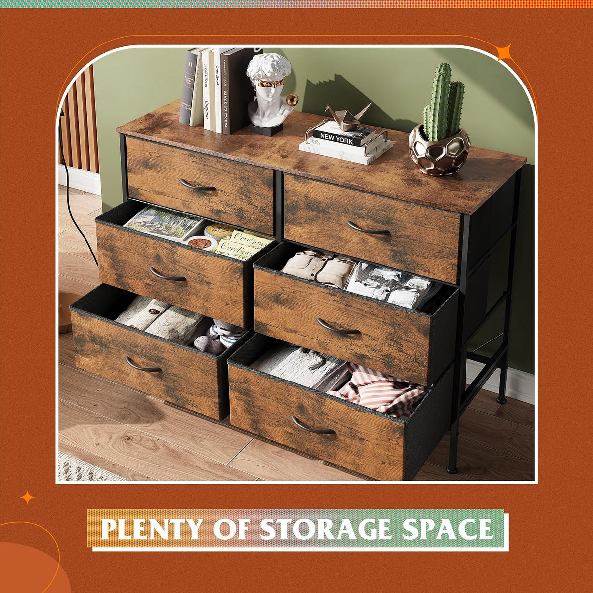 WLIVE Dresser for Bedroom with 6 Fabric Drawers, Rustic Brown