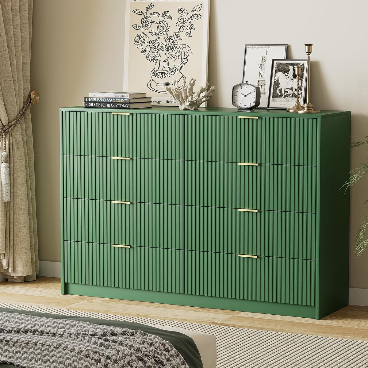 Furniway 55" Wide Green Dresser for Bedroom, Fluted 8 Drawer Dresser