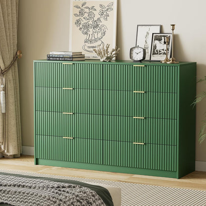 Furniway 55" Wide Green Dresser for Bedroom, Fluted 8 Drawer Dresser