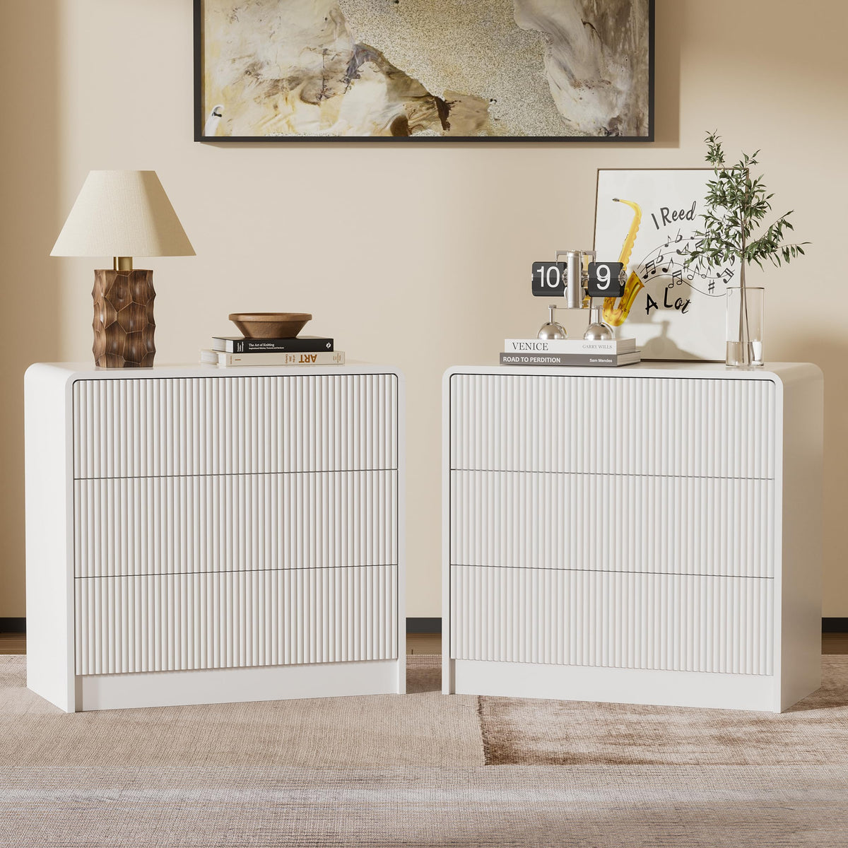 Furniway Set of 2 Modern Curved Nightstand with 2 Drawers, Push-to-Open Wooden Bedside Table, Minimalist End Table for Bedroom, Black