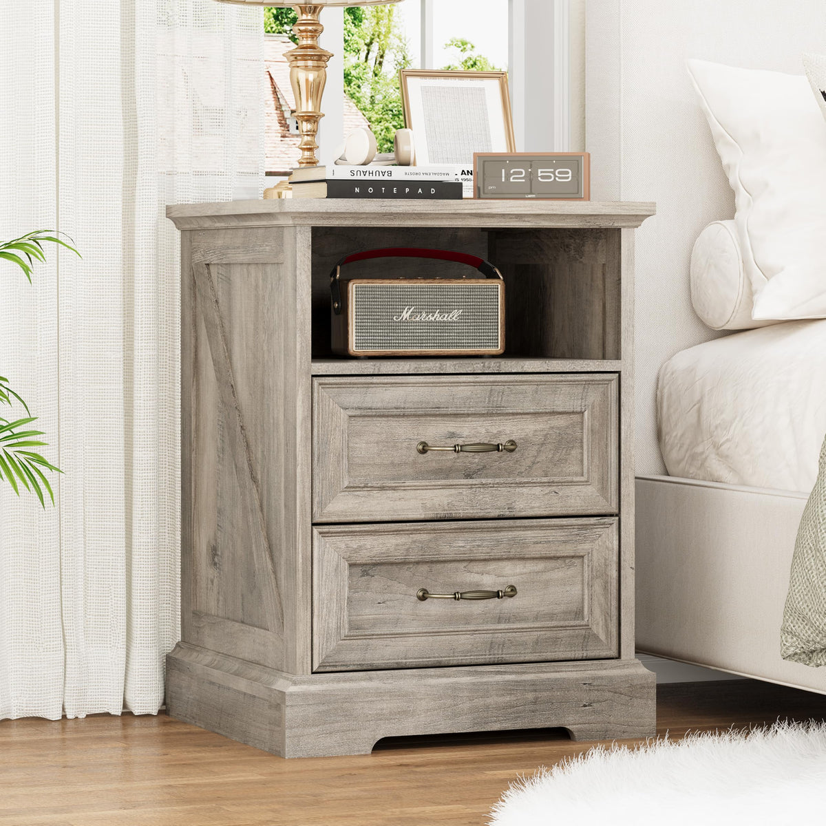 Black Nightstand Set of 2,24" Wide End Table with 3 Large Drawers & Metal Handles,Rustic Farmhouse Wood Small Dresser,Bedside Table,Modern Chest of Drawers for Bedroom,Living Room