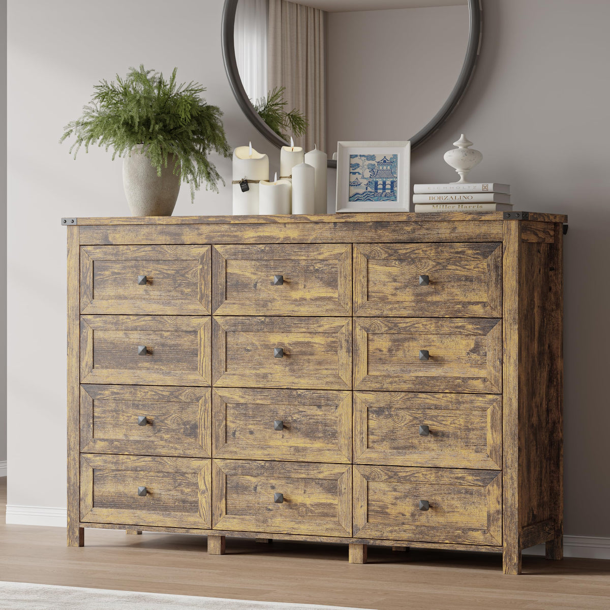 BORNOON 9-Drawer Dresser, Modern Wooden Storage Chest of Drawers, Dresser TV Stand, Wood Drawer Organizer with Metal Handles for Bedroom, Living Room, Hallway