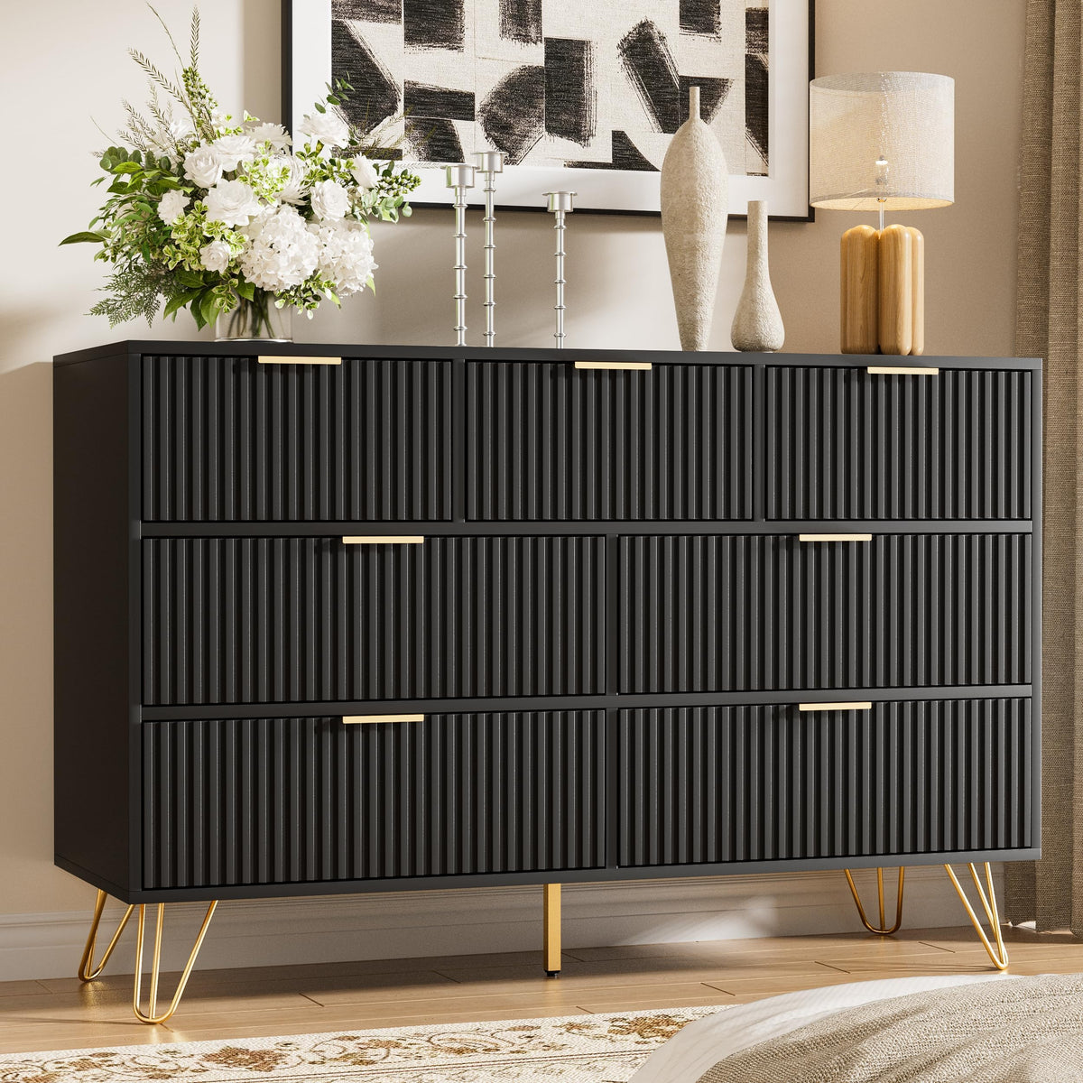 Furniway Black 5 Drawer Dresser for Bedroom, Curved Tall Dresser with Push-to-Open Design, Chest of Drawers for Bedroom, Living Room, Hallway, 15.7”D x 32”W x 47.2”H