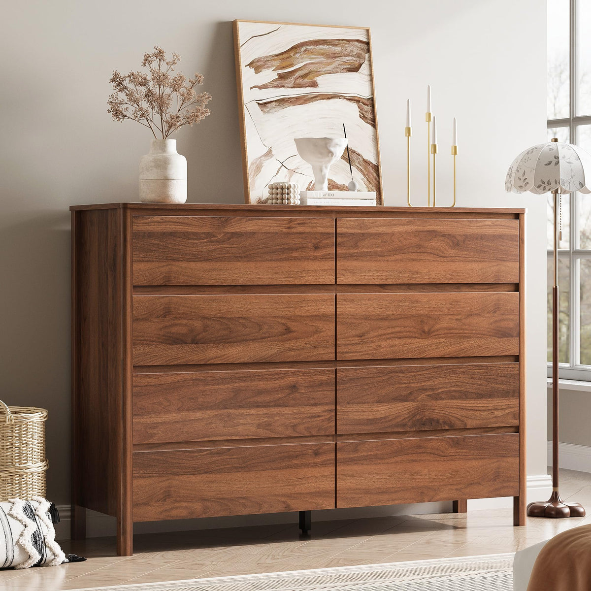 MAISONARIA Walnut 5 Drawer Dresser for Bedroom, 45"Tall Modern Wood Dresser