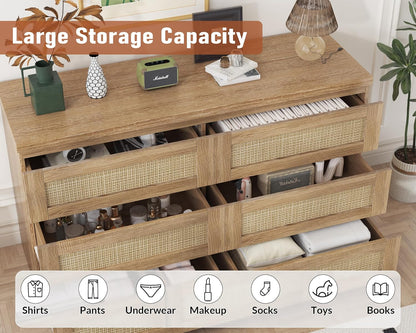 Garvee Rattan 6-Drawer Dresser for Bedroom - Slim Wooden Chest of Drawers, Durable Freestanding Storage Organizer Cabinet for Living Room and Entryway, Oak