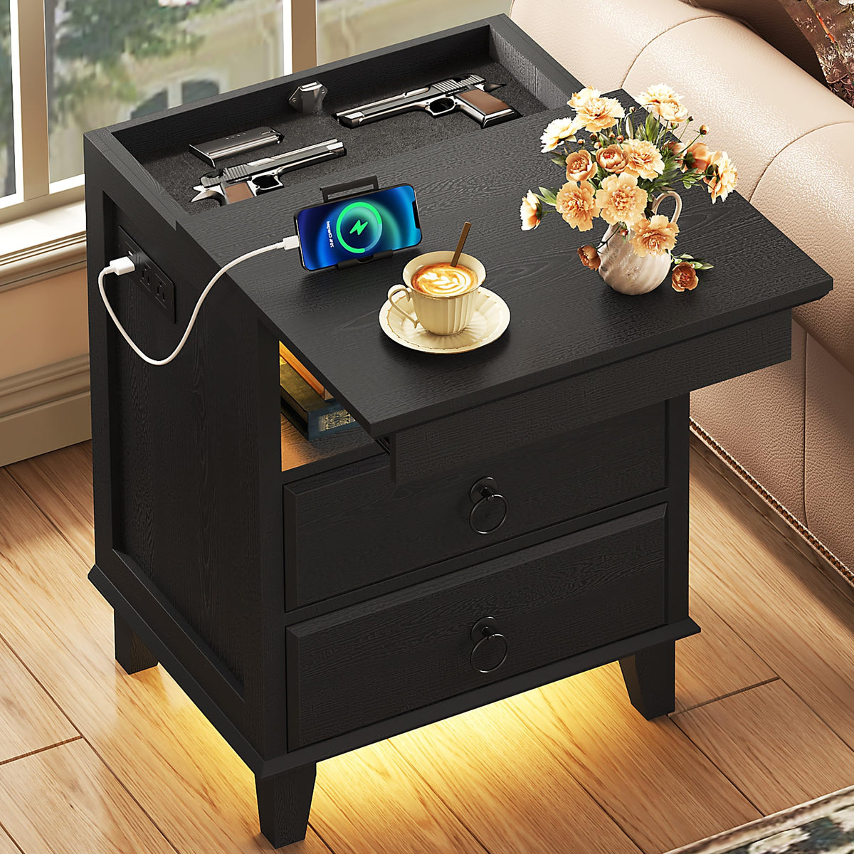 Yusong LED Night Stand with Gun Drawer, Bedside Table with Charging Station, Sofa Couch End Side Table with with 2 Drawers ＆Open Shelf for Bedroom, Brown