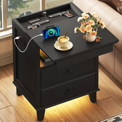 Yusong LED Night Stand with Gun Drawer, Bedside Table with Charging Station, Sofa Couch End Side Table with with 2 Drawers ＆Open Shelf for Bedroom, Brown