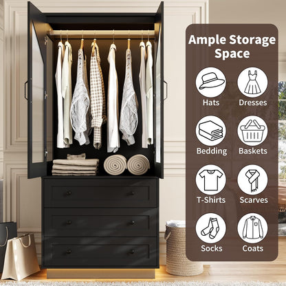 Gyfimoie Tall Armoire Wardrobe Closet with 2 Door and 3 Drawers