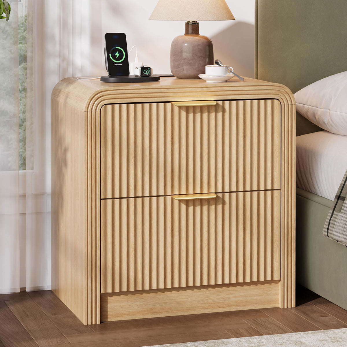 Decofy 23'' Wide Fluted Nightstand Set of 2 with Charging Station, Walnut