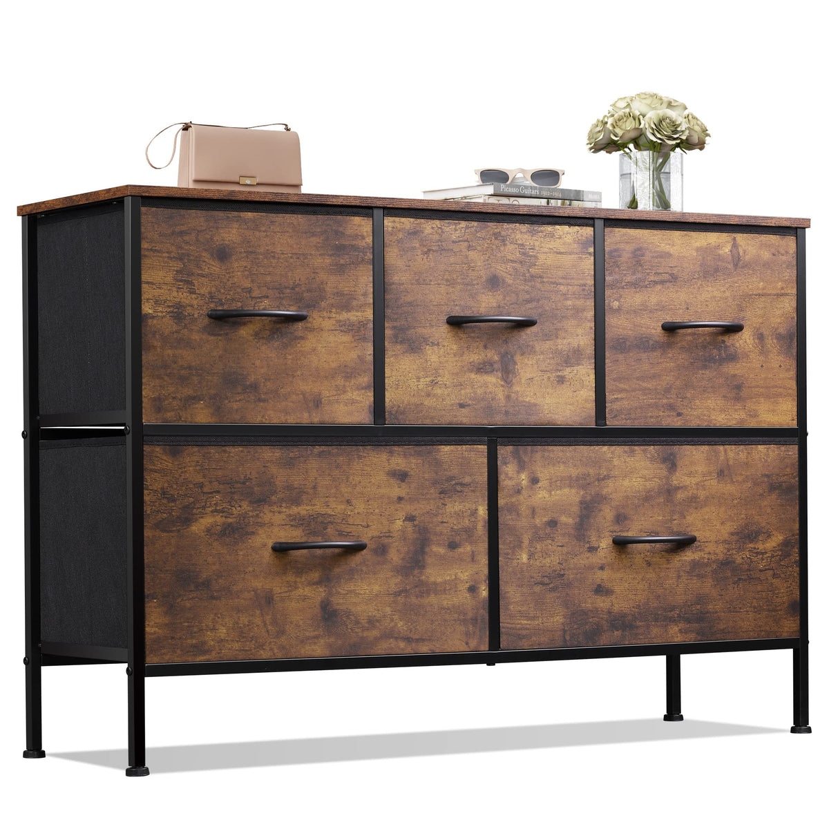 WLIVE Wide Dresser for Bedroom, 5 Drawer Chest of Drawers, Dark Grey