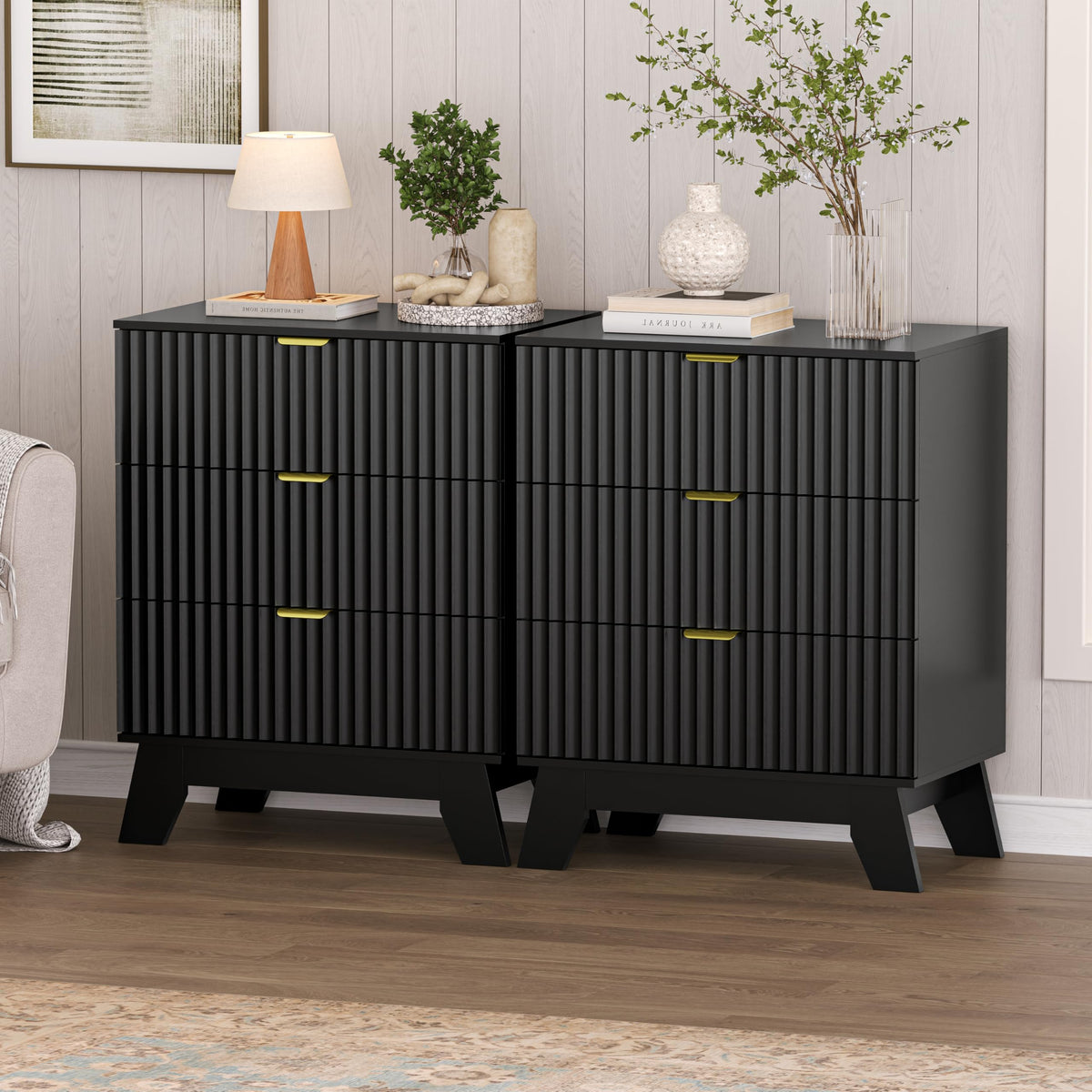 Black Nightstand Set of 2,24" Wide End Table with 3 Large Drawers & Metal Handles,Rustic Farmhouse Wood Small Dresser,Bedside Table,Modern Chest of Drawers for Bedroom,Living Room