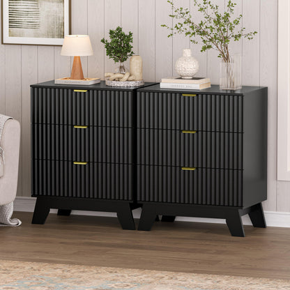 Black Nightstand Set of 2,24" Wide End Table with 3 Large Drawers & Metal Handles,Rustic Farmhouse Wood Small Dresser,Bedside Table,Modern Chest of Drawers for Bedroom,Living Room