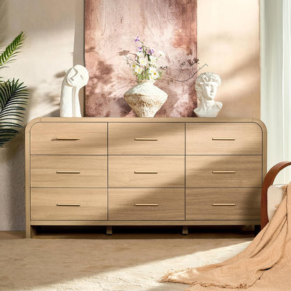 Curved 9-Drawer Dresser for Bedroom, 63" Wide Modern Chest of Drawers, Vanity Desk TV Stand for Living Room, Closet Storage Drawers Organizer Furniture, Nursery, Hallway, Gray Oak