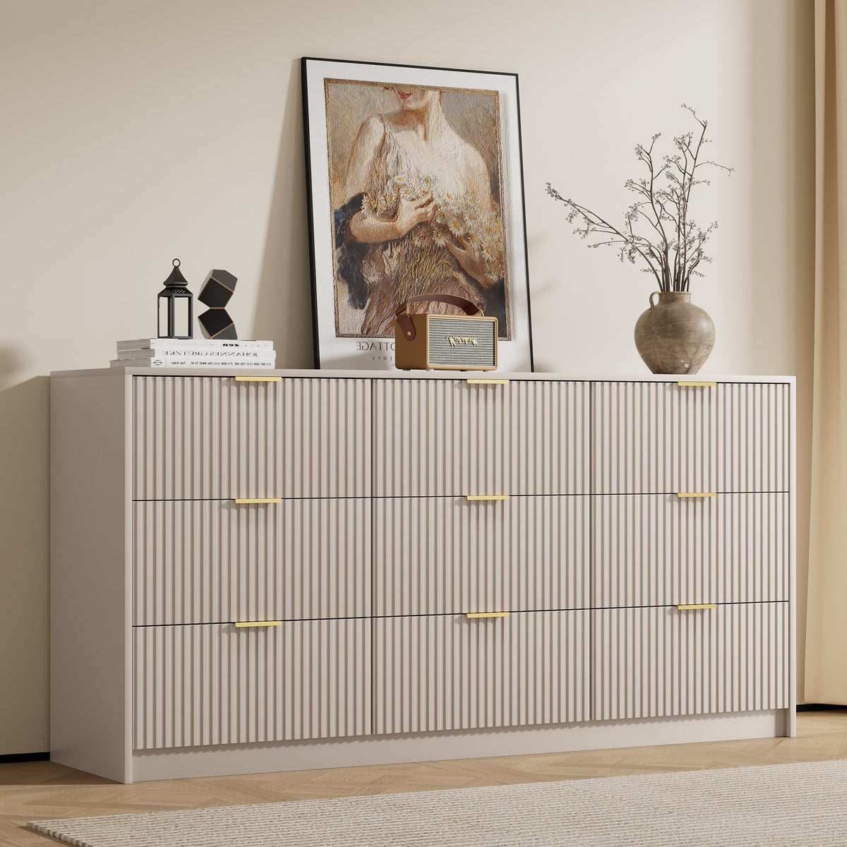 Furniway 55" Wide Green Dresser for Bedroom, Fluted 8 Drawer Dresser