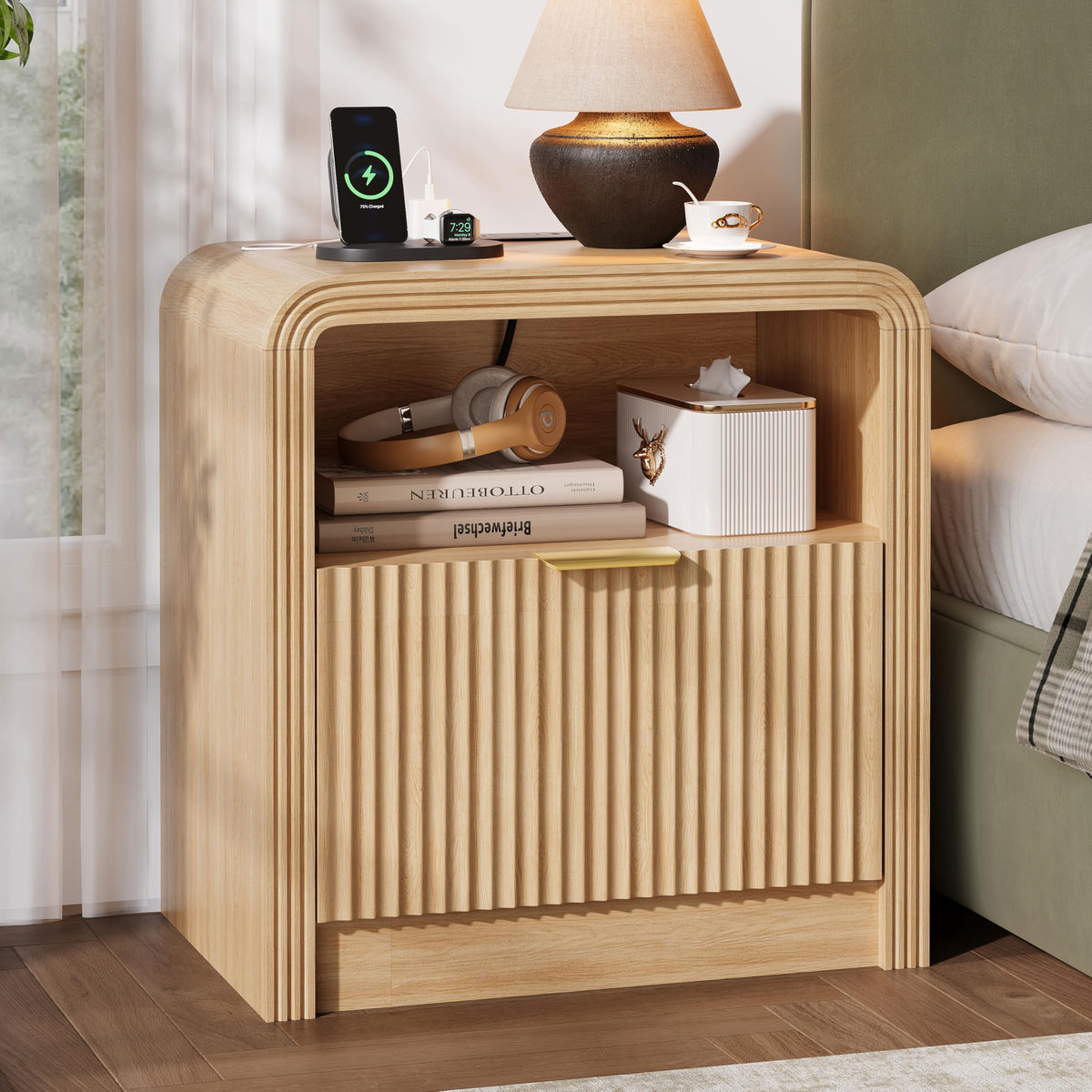 Decofy 23'' Wide Fluted Nightstand Set of 2 with Charging Station, Walnut