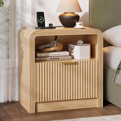 Decofy 23'' Wide Fluted Nightstand Set of 2 with Charging Station, Walnut